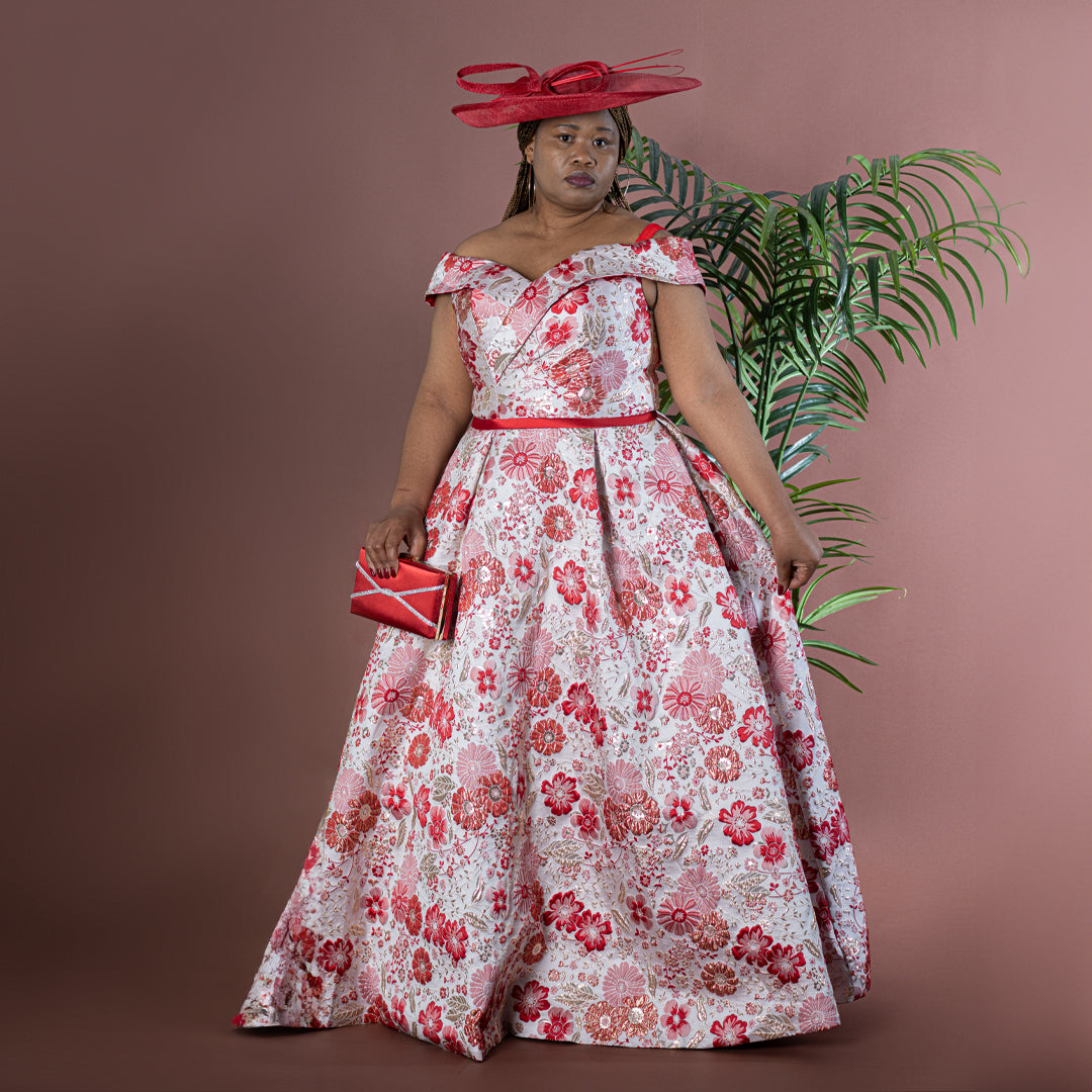 Red Floral Jacquard Fit and Flare Maxi Dress with Box Pleats Cerrura Fashions