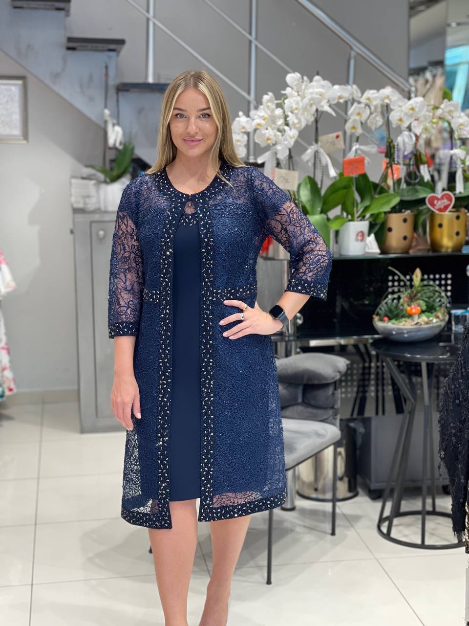 Navy Blue Dress & Jacket Set With Lace & Diamante Details