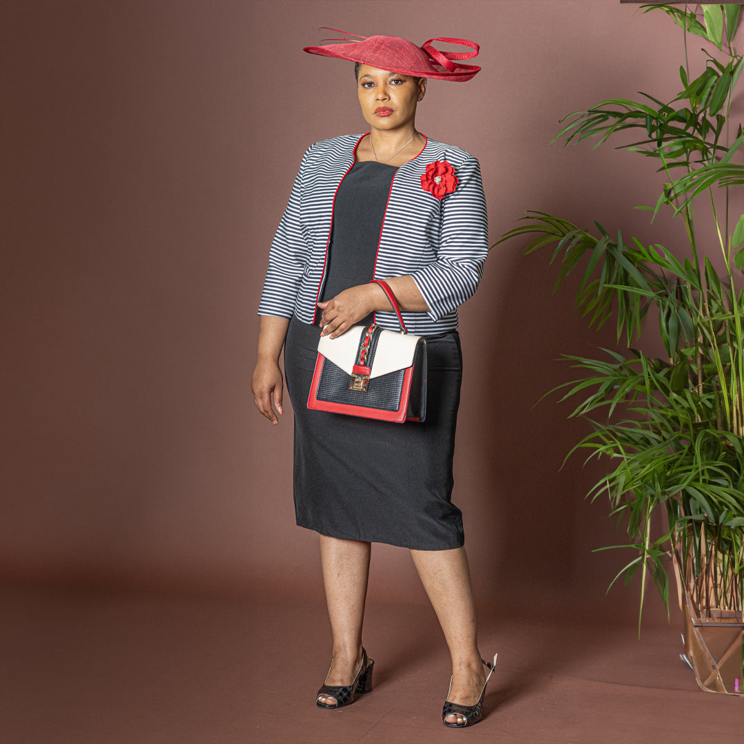 Black and White Striped Dress and Jacket Set w/Red Accents