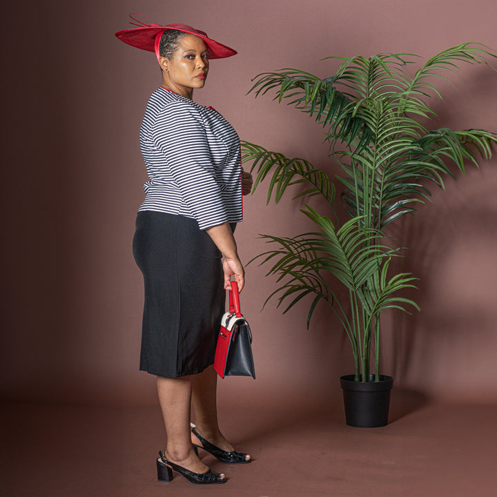 Black and White Striped Dress and Jacket Set w/Red Accents