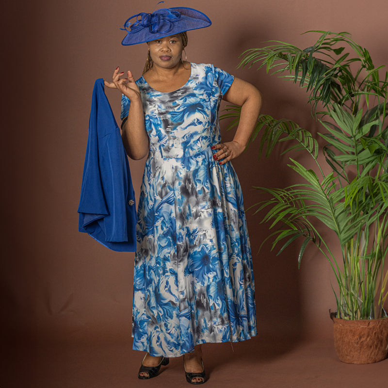 Blue Flowing Long Floral Dress Jacket Cerrura Fashions