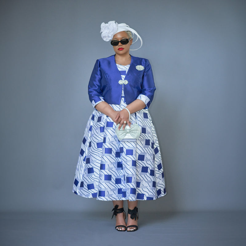 Blue & White Box Pleat Dress with Bolero Jacket