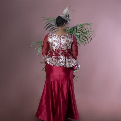 Burgundy Jacquard & Lace Fishtail Gown with Peplum