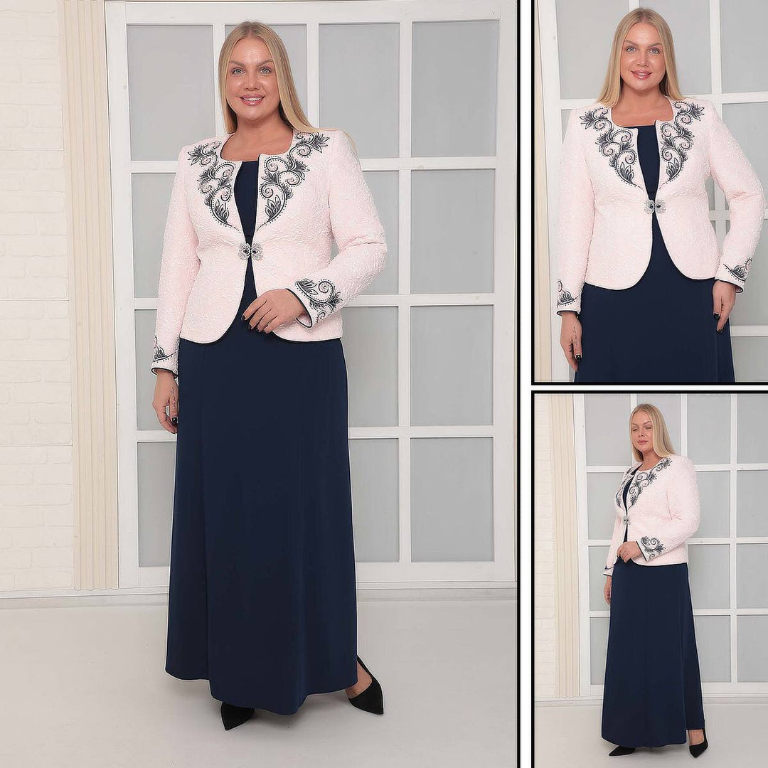 Elegant Navy Maxi Dress with Dusty Pink Jacquard Jacket