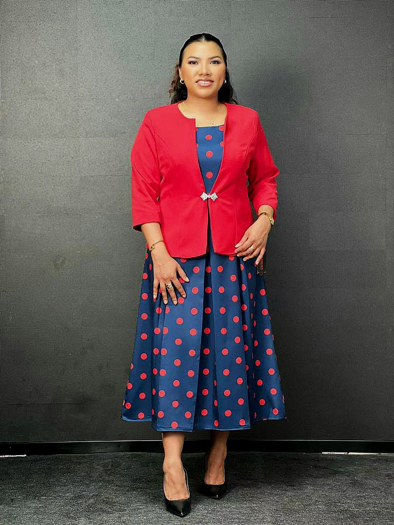 Elegant Navy Polka Dot Dress and Red Jacket Set