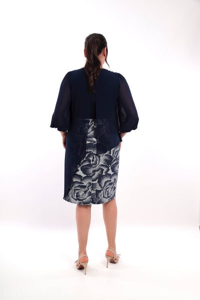 Dark Navy Chiffon & Floral Jacquard Midi Dress