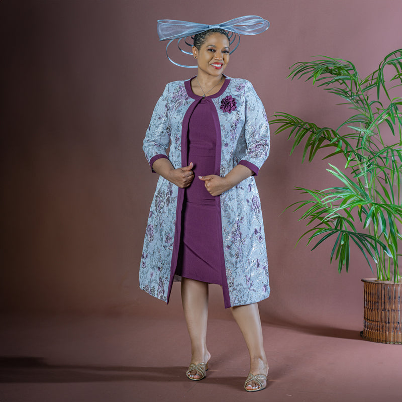 Purple Dress & Silver Floral Jacquard Long Jacket Set