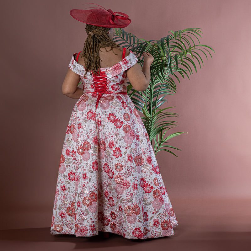 Red Floral Jacquard Fit and Flare Maxi Dress with Box Pleats