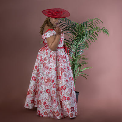 Red Floral Jacquard Fit and Flare Maxi Dress with Box Pleats