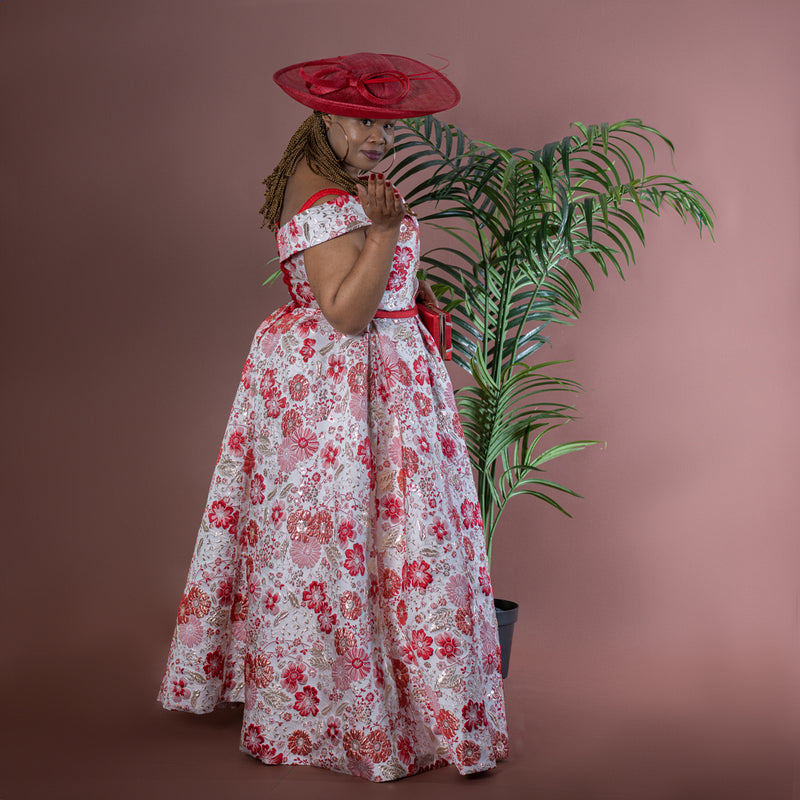 Red Floral Jacquard Fit and Flare Maxi Dress with Box Pleats