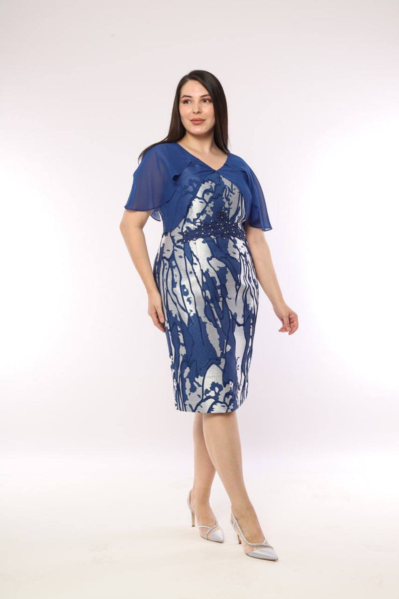 Silver & Navy Jacquard Midi Dress with Diamante Detail