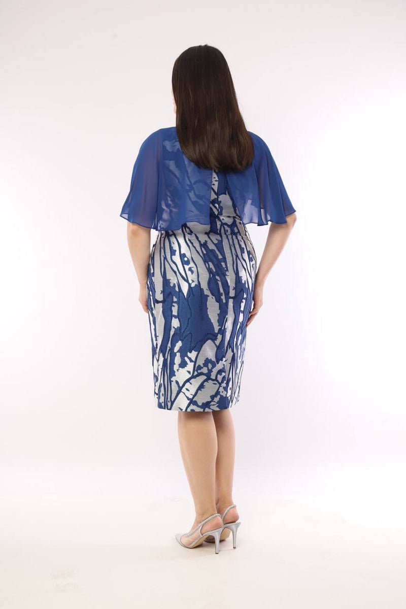 Silver & Navy Jacquard Midi Dress with Diamante Detail