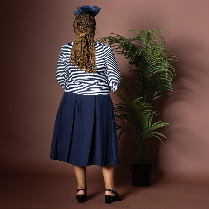 Striped Navy Dress and Jacket Set with Box Pleats