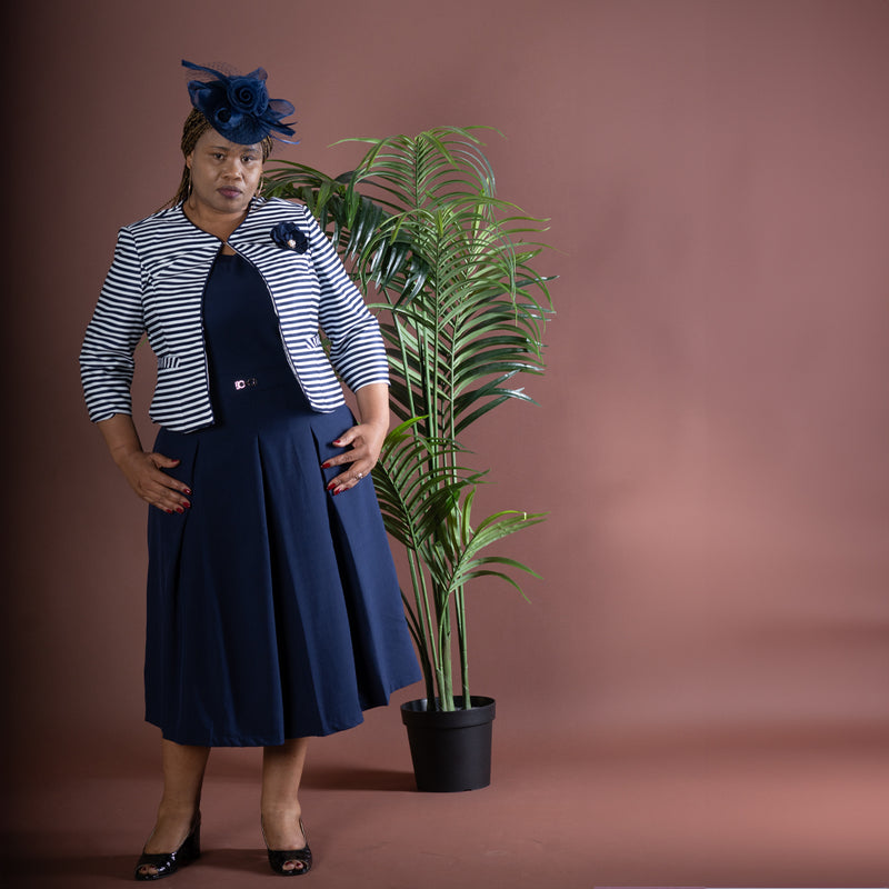 Striped Navy Dress and Jacket Set with Box Pleats