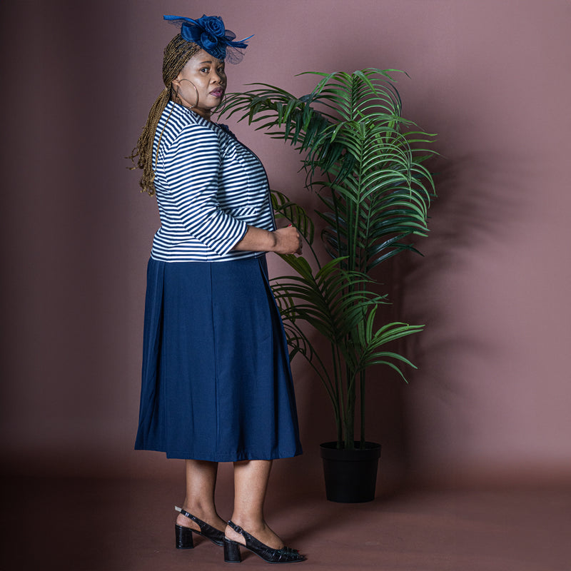 Striped Navy Dress and Jacket Set with Box Pleats