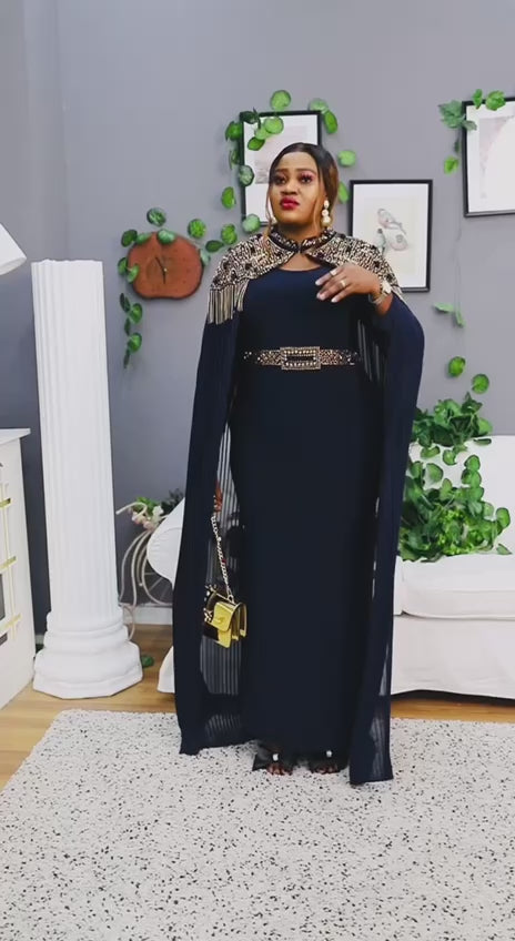 Navy Long Sleeve Maxi with Cape & Gold Embellishments