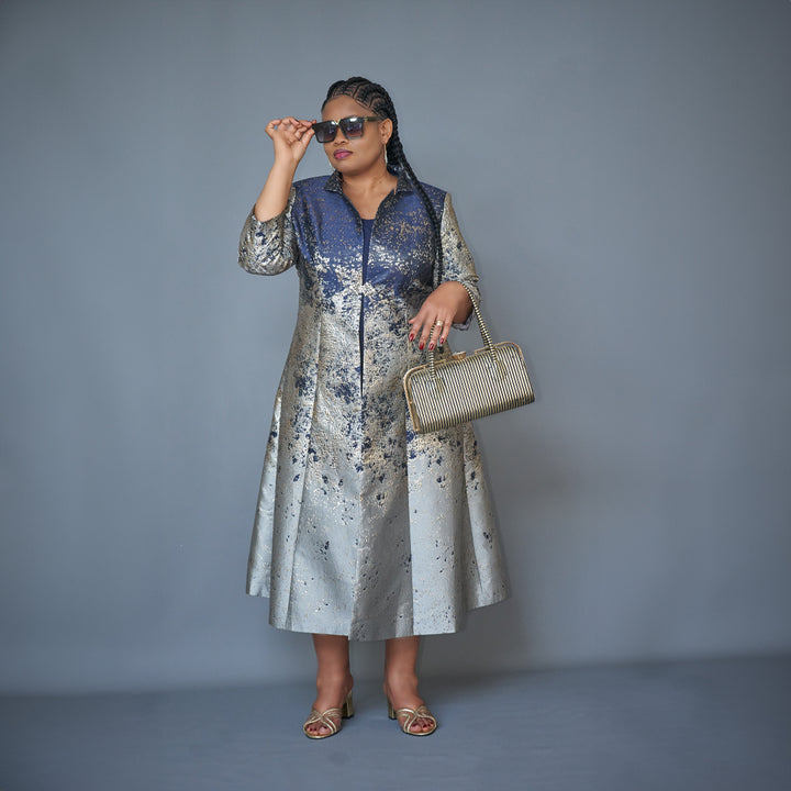 Elegant Navy Blue Dress with 3/4 Sleeve Floral Jacquard Jacket