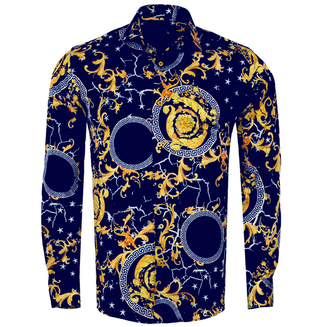 Navy & Gold Satin Printed Mens Formal Dress Shirt