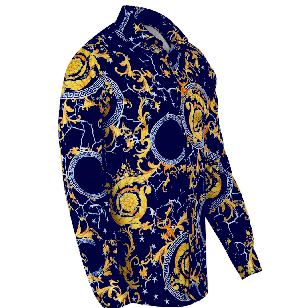 Navy & Gold Satin Printed Mens Formal Dress Shirt