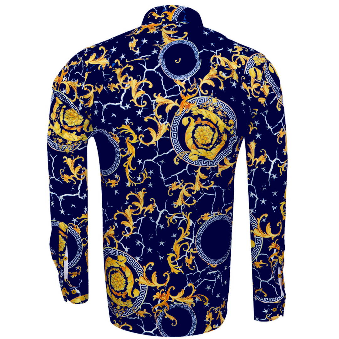 Navy & Gold Satin Printed Mens Formal Dress Shirt