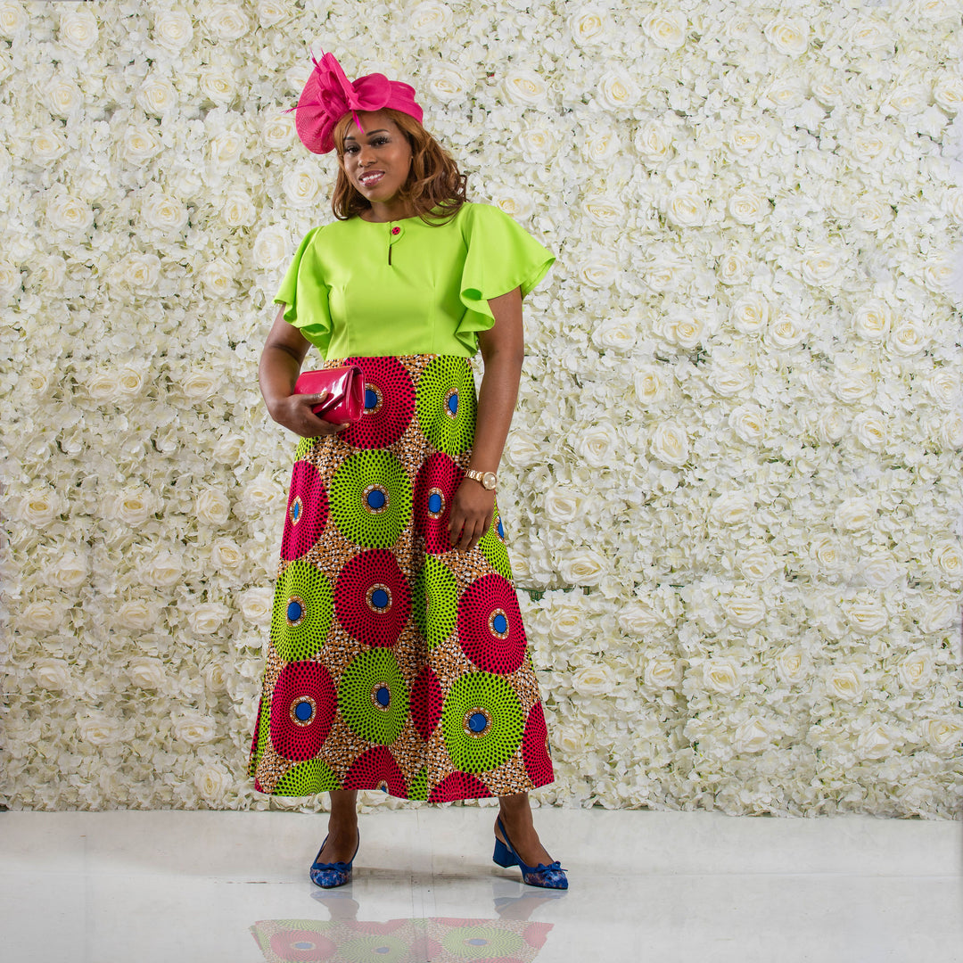 Green and Pink African Print Flared Dress